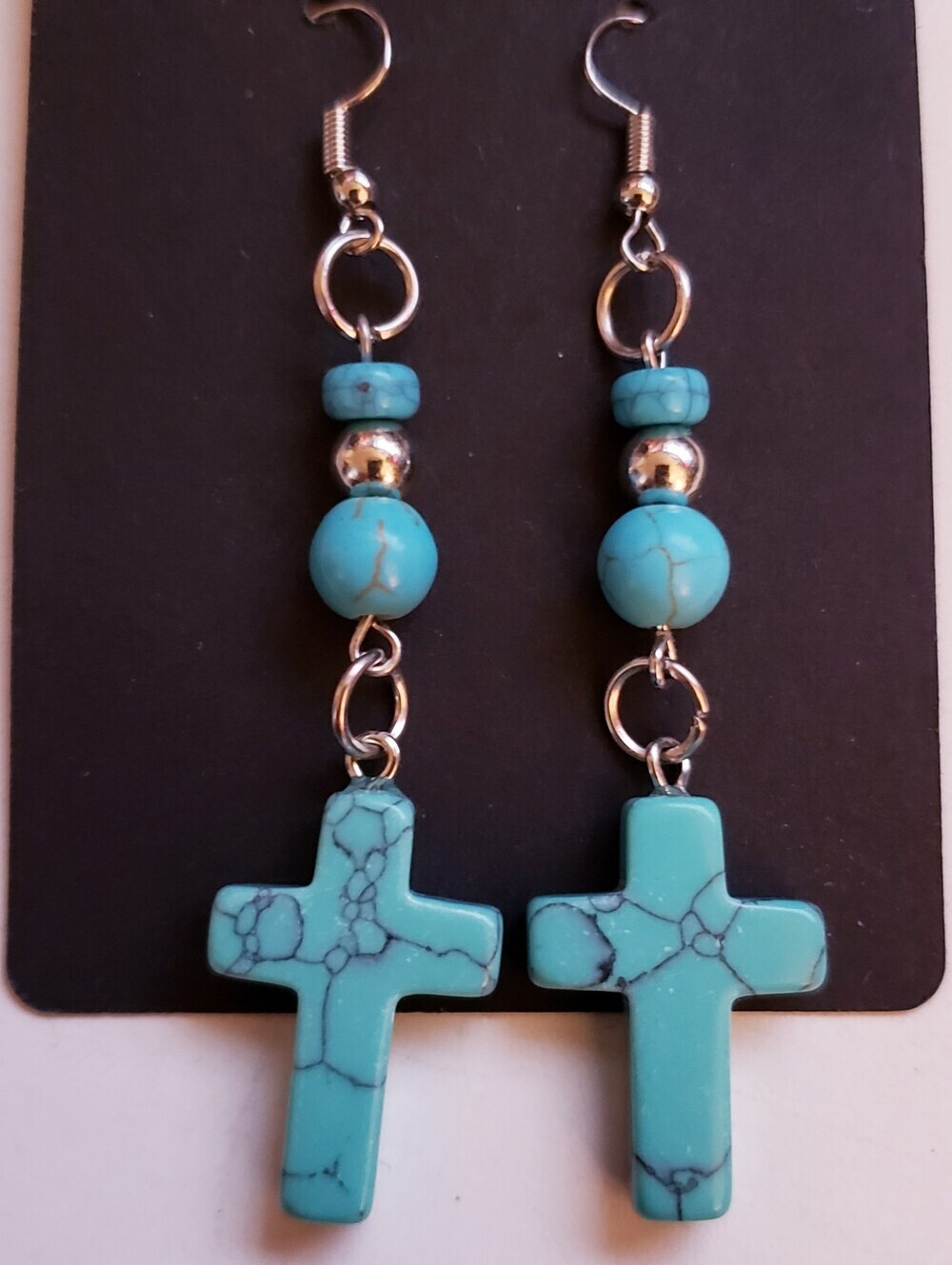 Handmade Boho Beaded Silver Turquoise Howlite Cross Dangle Earrings